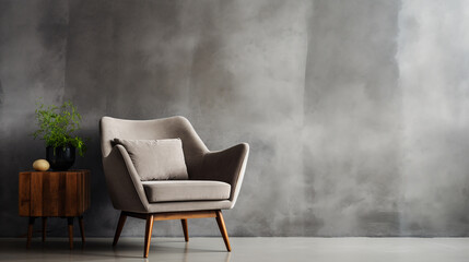 an armchair in a living room with a concrete wall background. ai generative