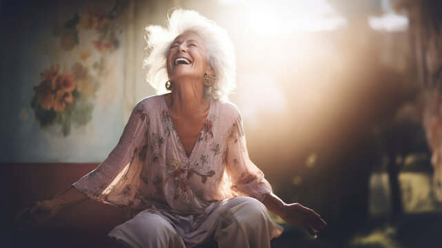 reife Frau lachend und sitzend im Freien, mature woman laughing and sitting outdoor