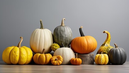 Assortment of pumpkins and squashes on a solid colored background