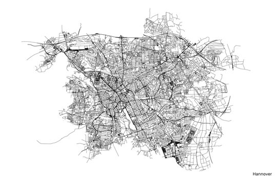 Hanover city map with roads and streets, Germany. Black and white. Vector outline illustration.