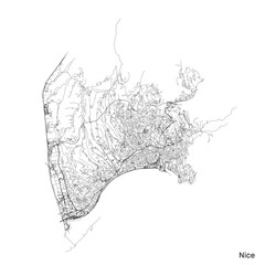 Nice city map with roads and streets, France. Vector outline illustration.