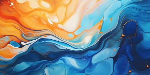 Abstract marbling oil acrylic paint background illustration art wallpaper - Orange blue color with liquid fluid marbled paper texture banner painting texture - obrazy, fototapety, plakaty