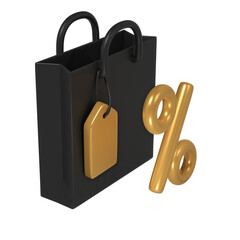 3d render Black Friday illustration with modern dark shopping bag and golden tag and percent mock up design. Discount, special offers promotion, shop advertisement