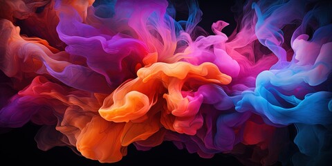 An abstract painting of colorful smoke on a black background with a black background