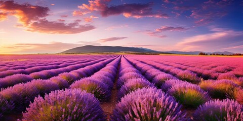 Agriculture harvest background landscape panorama - Closeup of blooming lavender field - obrazy, fototapety, plakaty