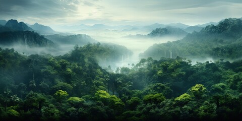 Beautiful bird's - eye view of the rainforest. Aerial view. Panoramic shot. - obrazy, fototapety, plakaty