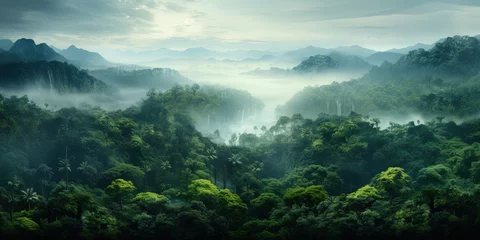 Fotobehang Beautiful bird's - eye view of the rainforest. Aerial view. Panoramic shot. © Coosh448