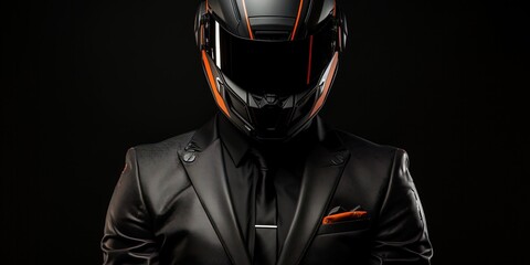 Biker in suit and helmet on the dark background.