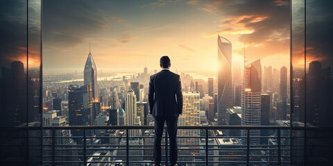 Fototapeta na wymiar Businessman on office building balcony looking city skyline with skyscrapers