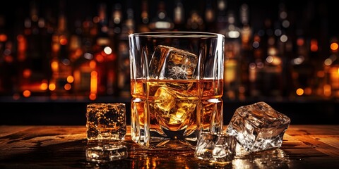 Classic alcohol whiskey scotch drink in glass with ice cubes at bar pub. Night club background decoration mock up