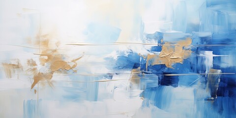 Closeup of abstract rough blue white gold art painting texture, with oil brushstroke, pallet knife...