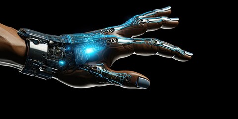 Cyborg futuristic hand. Robot hand finger making contact or pressing something on dark isolated background. Cyborg mechanical arm pointing. artificial Intelligence futuristic - obrazy, fototapety, plakaty