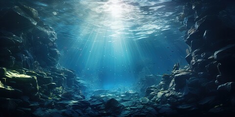 Fototapeta na wymiar Dark blue water of a deep ocean with sun rays reaching the rocky seabed. Beautiful underwater landscape.