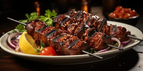 Grilled meat skewers on a plate, a gourmet barbecue meal