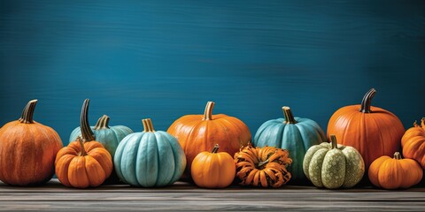 Happy fall halloween autumn holiday thanksgiving banner greeting card - Pumpkins on rustic wooden table with blue wall background