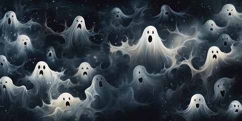 Halloween wallaper illustration texture - Different scary white ghosts on dark black night background, seamless pattern