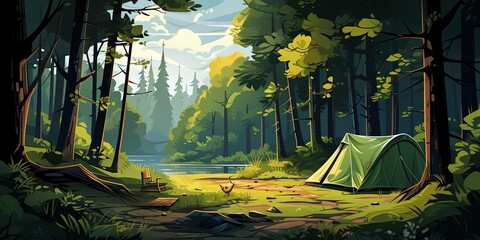 Illustration of camping tent set up in a lush green forest with a tree providing shade - obrazy, fototapety, plakaty