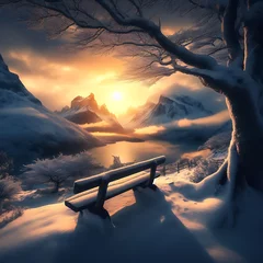 Zelfklevend Fotobehang 겨울 눈 노을 나무 물 나무의자 풍경 © 승우 신
