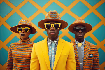 A fashion shoot featuring a group of fashionable young people wearing hats and jackets, posing...