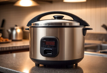 A metal rice cooker in a kitchen with a blurred background