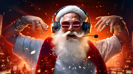 DJ Santa Claus in headphones at the New Year party
