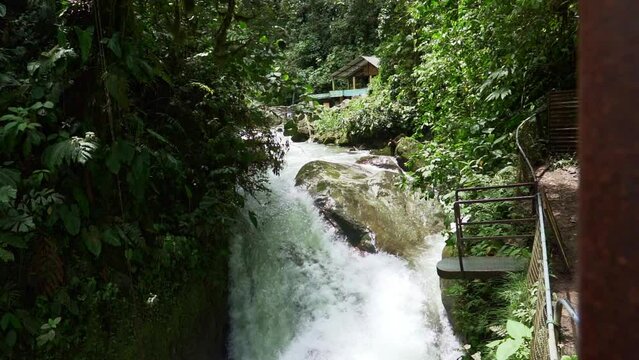 whitewater rapids at the waterfalls of Tarabita Mindo a las Cascadas, in the lush and green rainforest of the jungle in the cloud forest near Mindo in Ecuador.