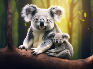 Fototapeta premium Cute koala mother with her baby on the eucalyptus tree