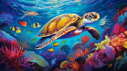 A turtle among colorful corals and colorful fish and sea animals in the ocean - obrazy, fototapety, plakaty