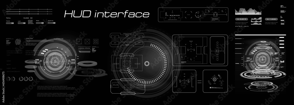 Fototapete Futuristic cyber panel with navigation devices and sights focusing automatic targeting system in HUD style. Luminous visual indication interface. Virtual target with HUD dashboard