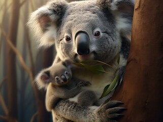 Koala bear with her baby on eucalyptus tree