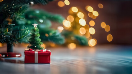 Banner natalizio, festeggiando il Natale con Regali e Alberi scintillanti - obrazy, fototapety, plakaty