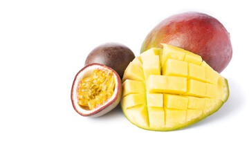 Isolated mango with lpassion fruit maracuya on white background. Clipping path included.