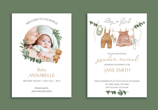 Baby Gender Reveal and Baby Announcement Watercolor Invitation Card Set