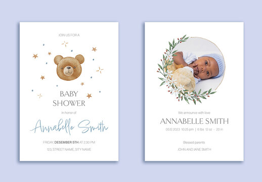 Baby Shower Invitation and Baby Introducing Watercolor Card Set