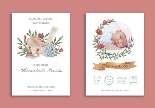 Baby Shower Invitation and Baby Introducing Watercolor Card Set