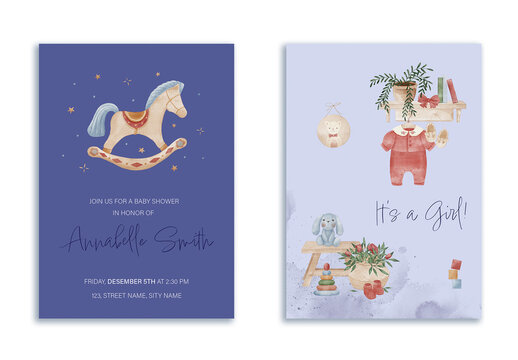 Baby Shower Invitation and Baby Introducing Watercolor Card Set