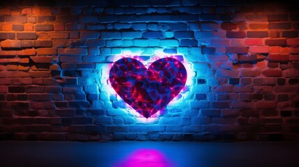 Vibrant neon heart illuminating a rustic brick wall - a symbol of love and romance for urban...