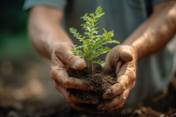 Close up on two male hands planting a young tree in the ground. Concept motif on the theme of plants, sustainability and environmental protection. - obrazy, fototapety, plakaty