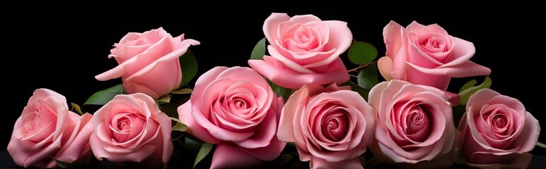 closeup view of various kinds of pink roses. Black background.