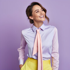 Happy ultra beauty business girl, who is smiling and laughing, wearing bright clothes. Bright solid background