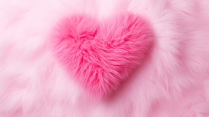 Neon pink heart on white fur - valentine’s day background