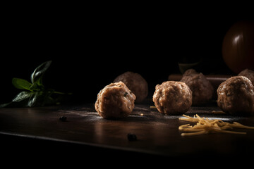 Meatballs on a wooden cutting board on a black background, food photography, product presentation, product display, banner background