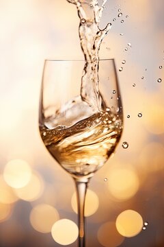 Champagne splash in glass. Festive bokeh glittering golden background. Generative Ai