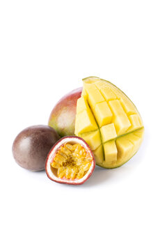 Isolated mango with lpassion fruit maracuya on white background. Clipping path included.