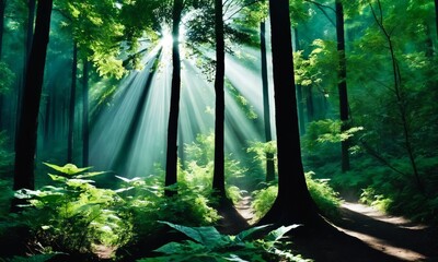 rays of the sun make their way from above through the foliage of trees in the forest