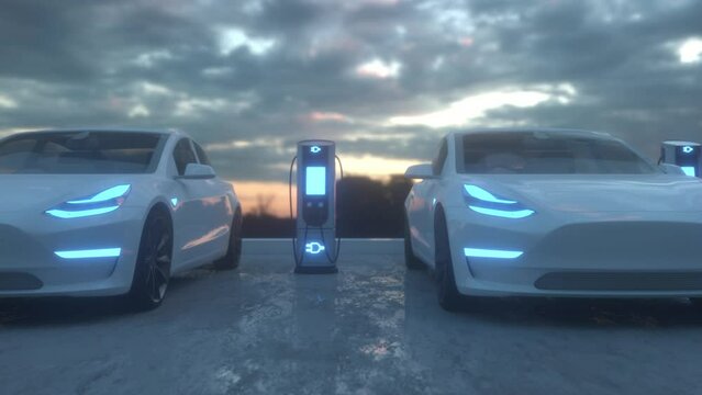 Electric cars at charging station. Charge station for electric cars