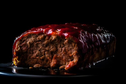 Delicious baked meatloaf on wooden table with sauce on black background, Close-up, food photography, product presentation, product display, banner background