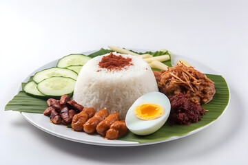 Nasi lemak on white background, malaysian food, food photography, product presentation, product display, banner background