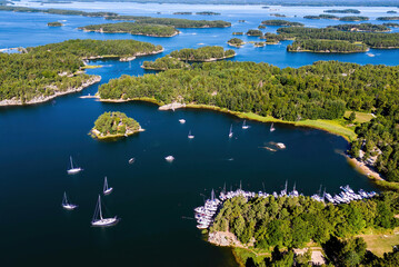 Spectacular drone view of the Swedish archipelago landscape, yachts and islands, Stockholm, Sweden