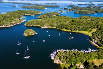 Poster Spectacular drone view of the Swedish archipelago landscape, yachts and islands, Stockholm, Sweden © valerie_v